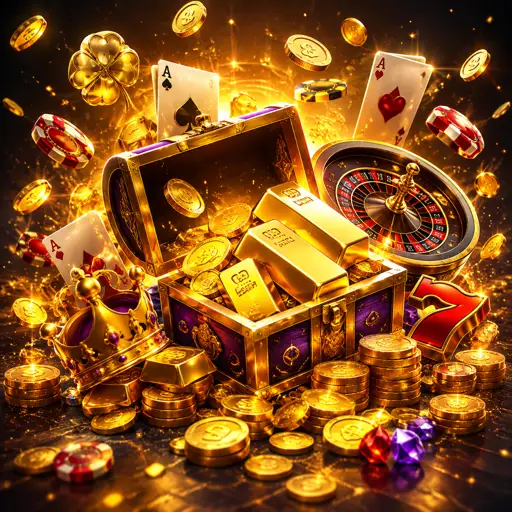 Vitrine de slots em destaque com bobinas douradas sobre fundo escuro
